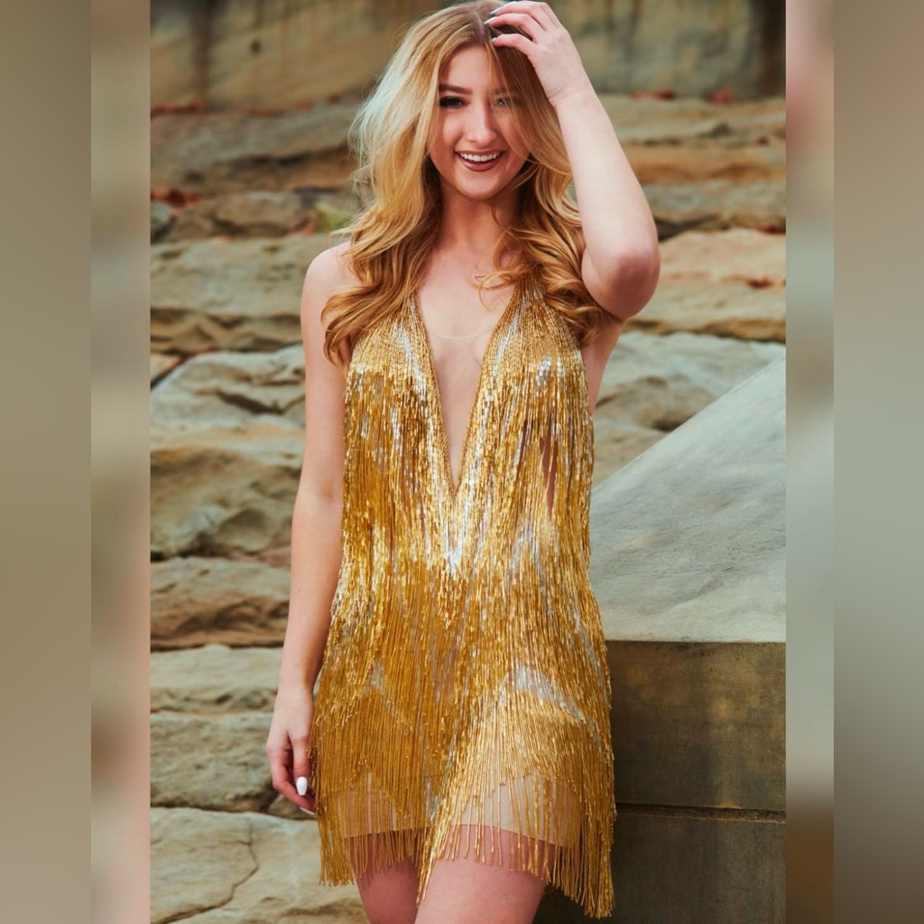 Jovani Gold Fringe Cocktail Dress